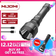 MIJOMI A9ไฟฉาย LED ลำแสงยาว1000เมตรความสว่างสูง500ลูเมนไฟฉายกลระยะไกลไฟฉาย LED 21700ไฟฉายชาร์จไฟได้ 