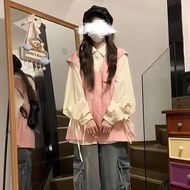 Vest and Shirt Set - Pink Stacked College Casual Outfit