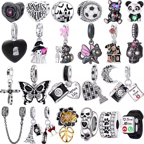 Original 925 Sterling Silver Black Charms Cat Panda Skull Spider Heart Beads Pendants Fit Bracelet N