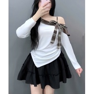 Women's Big Size Off-Shoulder Blouse Set with Long Sleeves and Checkered Bow Mixed with Elegant Skir