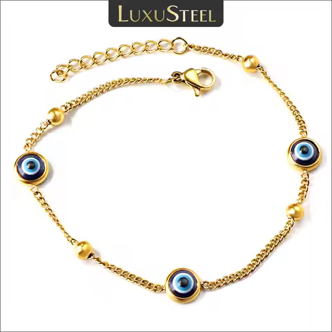 LUXUSTEEL Fashion Blue Turkish Evil Eye Bracelets For Women Stainless Steel Ball Beads Link Chain Ad