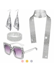 5入組70年代迪斯科配件,迪斯科服裝套裝,包括亮片絲巾、耳環、鑲有鑽石的厚框太陽眼鏡和手鐲,適用於女性和女孩的復古70年代80年代主題派對