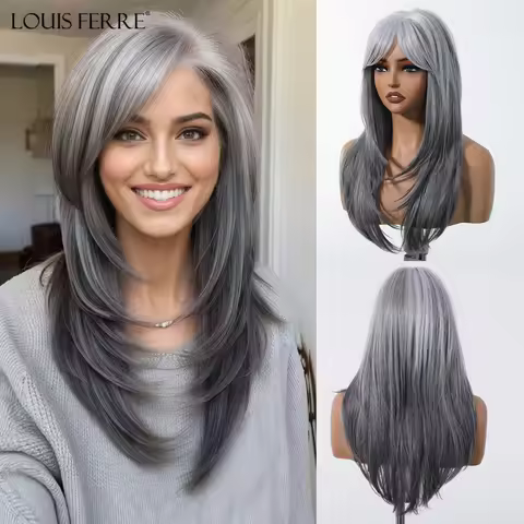 LOUIS FERRE Long Straight Synthetic Wig Grey White Ombre Wig For Women Heat Resistant Natural Layere