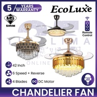 ECOLUXE Crystal Chandelier Ceiling Fan 42Inch 4 Blades 6 Speed 3 Colour LED Remote Control DC Motor Kipas Chandelier