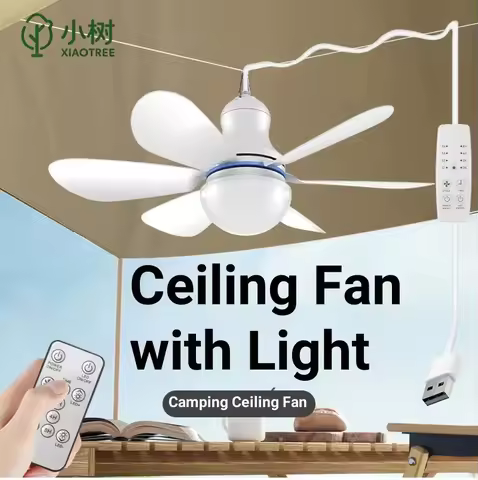 XIAOTREE Portable Ceiling Fan with LED Light Mini DC 5V USB Tent Fans for RV USB Ceiling Fan Hanging