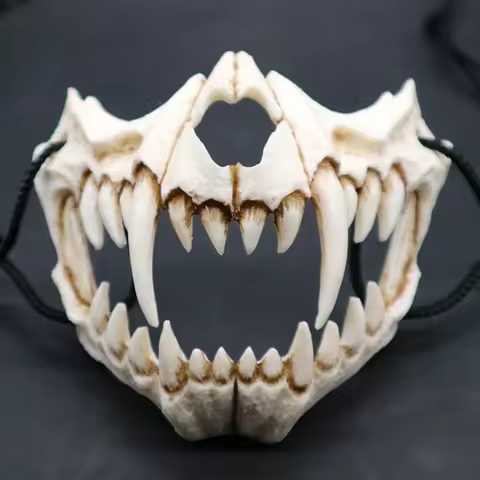 Beast Skull Half Face Mask Resin Sabertooth Fangs Mouth Mask Halloween Cosplay Horror Costume Prop G