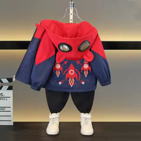 2025 Spring Autumn Kids Jacket Baby Boy Fashion Rocket Print Hooded Zipper Windbreaker Coat Children