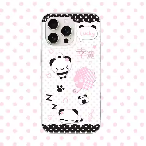 Cartoon Cute Panda Pink Green Wave Dot Lucky Clover Phone Case For iPhone 16 15 14 13 12 11 Pro Max 