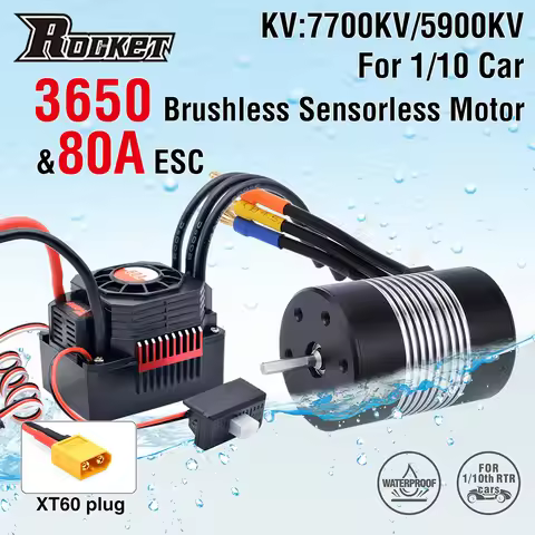 Rocket 3650 Waterproof Brushless Sensorless Motor 7700KV with 80A Brushless ESC Combo Set for 1/10 T
