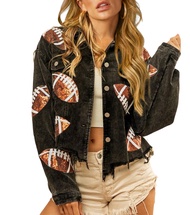 Womens Cropped Corduroy Jacket Vintage Patched Football Sequin Shacket Jacket