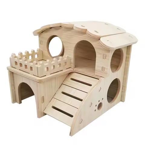 Pet Small Animal Hideout Hamster House Luxury Two Layers Wooden Climbing Playing Chews for Dwarf Mou