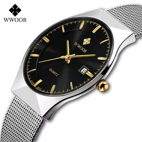 WWOOR Watch For Men Fashion Ultra Thin Silver Mesh Steel Quartz Clock Casual Waterproof Date Wristwa
