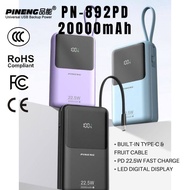 CCC PINENG ORIGINAL 20000mAh PN-892 PD 22.5W FAST CHARGING PORTABLE POWER BANK BUILT-IN TYPE-C &FRUI