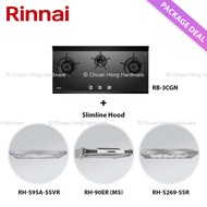 Rinnai RB-3CGN 3 Burner Inner Flame Glass Hob + Slimline Hood (RH-S95A-SSVR, RH-90ER MS, RH-S269-SSR, RH-S309-GBR-T, RH-S329-PBR, RH-S3059-PBW, RH-S259-SSR-T) Package Deal