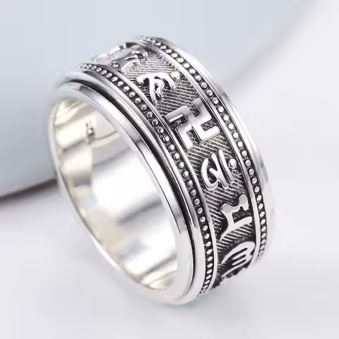 Ring Sterling silver rotating ring for men, trendy Thai silver six-character mantra, good luck, retr