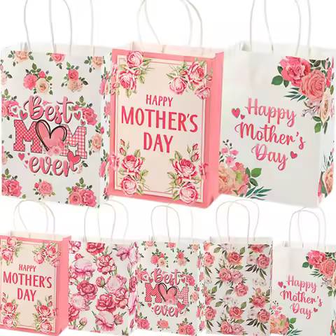 6/36pcs Mother's Day Tote Gift Bags with Handles Pink Carnation Happy Mother's Day Gift Bag Mother B