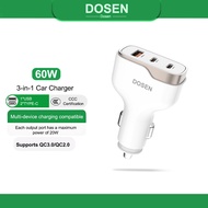 Dosen Car Charger 60W Fast Charging 3 Ports 1 USB 2 Type-C QC3.0 Compact Aluminum Shell 12-24V Safe 
