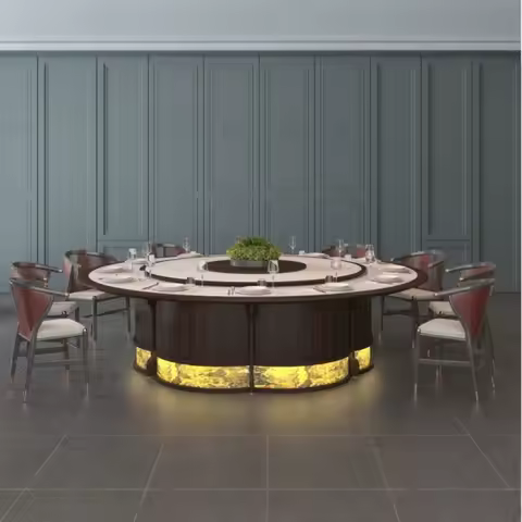 Hotel Electric Dining Table Large Round Table New Chinese Hotel Solid Wood 20 People Club Room Slate