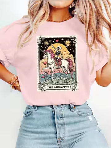 T-shirt Con Stampa Di Carte Tarocchi Unicorno Scheletro Audace T-shirt Estiva Da Donna A Maniche Cor