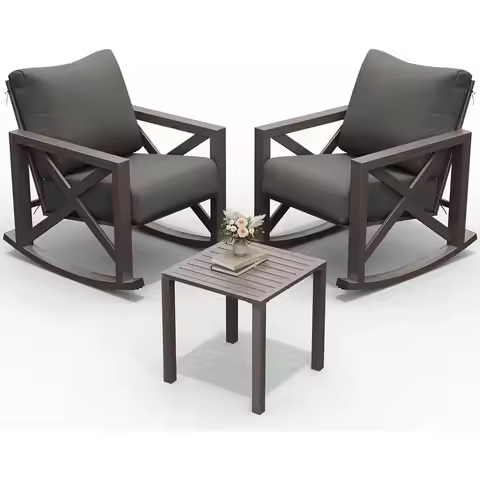 Outdoor Rocking Chair Set o 2 with Coee Table, 3 Piece Metal Patio urniture Set with 6.5" Water-Resi
