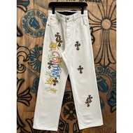 F9NX Chrome Hearts Cross Leather Sanskrit Straight Overall Jeans