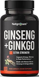 Panax Ginseng + Ginkgo Biloba Complex Capsules - with Korean Red Ginseng and Ginkgo Biloba Leaf Extract Supplement for Men and Women - Traditionally Used to Boost Energy Memory and Focus - Vegan Pills