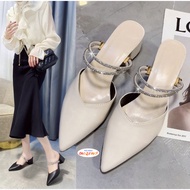 Giày cao gót bít mũi gót vuông 5p cao cấp phối 2 quai ngang đính đá cao cấp big size 41 42 43 Depvas