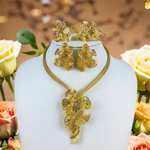 ESALE Dubai 18K Gold Plated Jewelry Set For Women Classic Design Plant Leaf Necklace Earrings Bracel