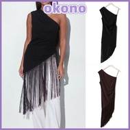 OKONO Tassel Patchwork Top, Skew-collar Patchwork Design Asymmetrical Lady Tops, Y2K Style Solid Col