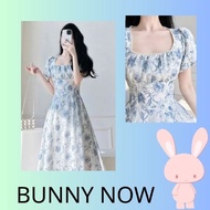 Feminine floral chiffon dress with flared square neck and puff sleeves, beautiful for work, going ou