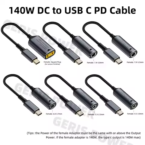 140W USB Type C PD Cable Adapter Universal DC Power Jack 4.5x3.0 7.4x5.0 5.5x2.5 6.0x3.7mm to Type C
