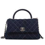 Chanel Navy Quilted Denim Medium Coco Top Handle Flap Bag Silver Hardware, 2019