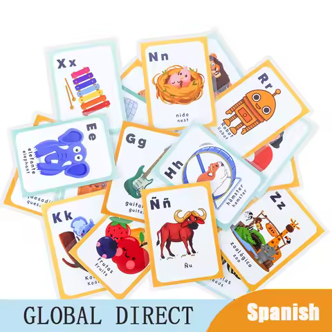 27Pcs Spanish/English Montessori Cards Kids Learning A-Z Spanish Alphabet Words Preschool Flashcards