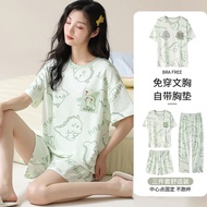 Bộ đồ ngủ nữ Bộ đồ ngủ 3 món mùa hè phong cách Hàn Quốc không cần áo ngực tay ngắn có miếng lót ngực