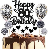 Dalettu Cake Decoration 80th Birthday Man Woman Cake Topper Happy 80th Birthday Black Glitter Cake D