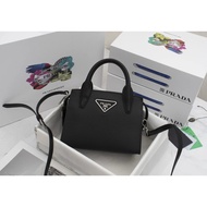   26 Autumn Winter Cowhide Cross Pattern Black Saffiano Triangle Logo One Shoulder Crossbody Handbag