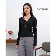 AUVESION Lavina Button Rib Knit Long Sleeves Blouse 6008 | LONG-SLEEVED WOMEN'S Blouse | Korean Blou