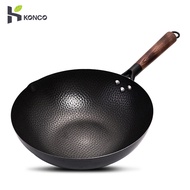 Konco 32cm Chinese Iron Wok With Wood Cover Optional Non-Coating Iron Pot Cast Iron Pan General Use for Gas and Induction Cooker Cookware Pan Kitchen Tools