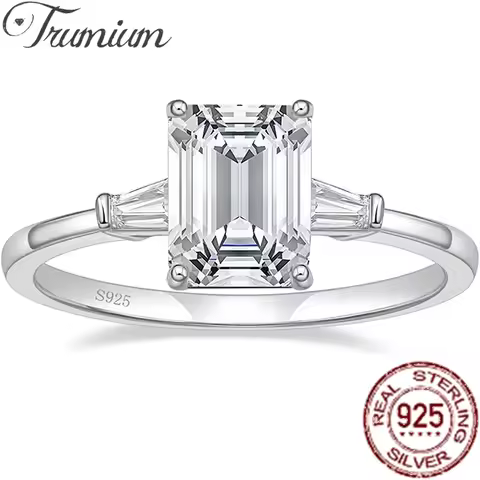 Trumium 3CT 925 Sterling Silver Engagement Rings 3-Stone Emerald Cut Cubic Zirconia Wedding Promise 