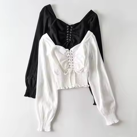 New Women Retro Square Collar Blouses Exposed Bone Short Top Straps Shirts Long Sleeve Palace Style 