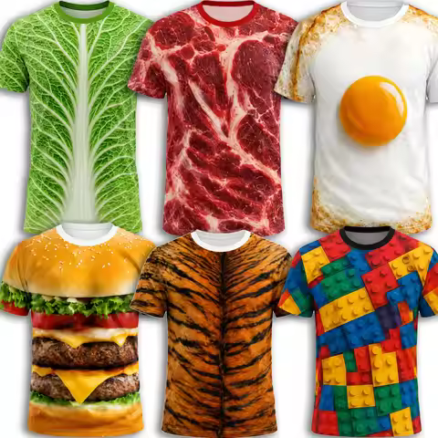 Funny 3D Realistic Food Animal Print Men T Shirt Novelty Cabbage Steak Burger Egg Tiger Brick Graphi