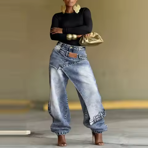 Washed Patchwork Baggy Jeans Irregular Asymmetric Wrap Front Denim Pants Women Cuffed Ankle Wide‑Leg