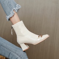 2025 British Style Boots Square Toe White Short Boots Spring Autumn Single Boots Horsebit High Heels