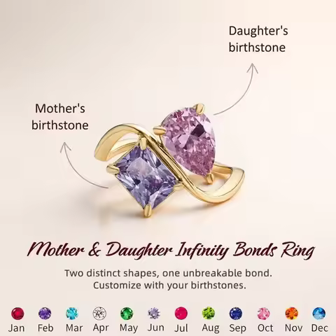 Custom Mother Daughter Birthstone Ring Personalized Infinity Bond Two Stone Ring 18K Gold Plated Jew
