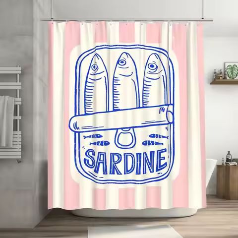 Sardine-Inspired Fashionable Shower Curtain with Hooks - Removable, Durable Polyester, Pink & White 