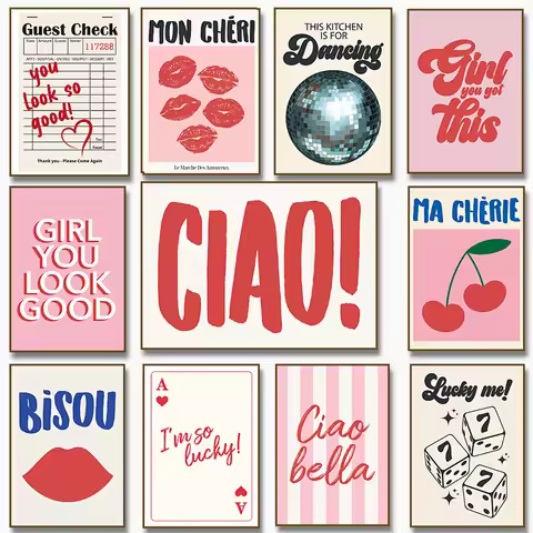 Ciao Bella Cherry Disco Ball Poster Print, Trendy Pink Wall Art Guest Check Girl You Look Good Canva