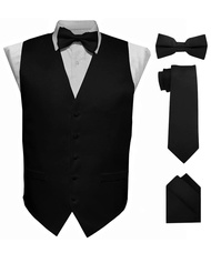 Solid Suit Vest for Men Set of 4 - Vest, Tie, Bow Tie & Pocket Square (Black Back)