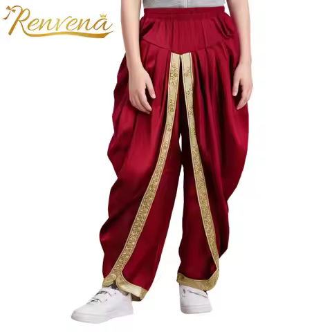Kids Boys Arabian Prince Satin Dhoti Pants Elastic Waistband Draped Baggy Trousers for Halloween The