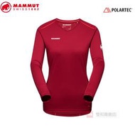 -滿3000免運-MAMMUT Sertig Longsleeve 女 長袖V領排汗T恤/101600040/诽紅火熱紅
