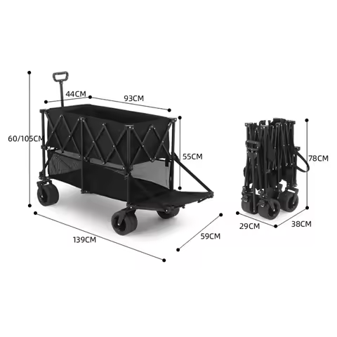 E-RIKE Compact Folding Wagon Large Capacity Camping Rotatable Wheels All Terrain Foldable Double Dec